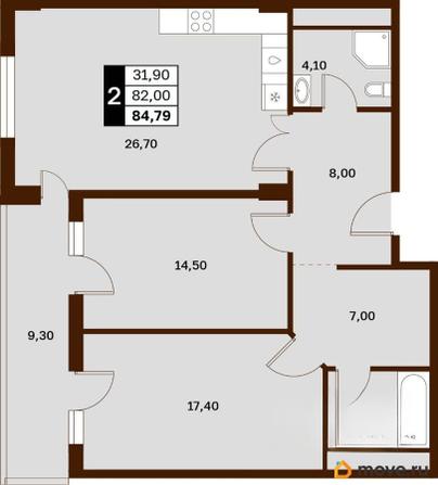 2-комн. квартира, 84.79 м&sup2;