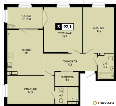 3-комн. квартира, 92.1 м&sup2;