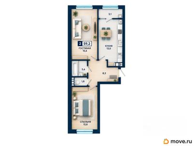 2-комн. квартира, 59.2 м&sup2;