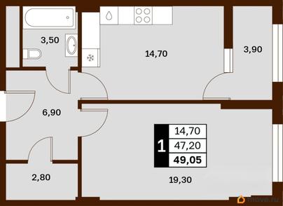 1-комн. квартира, 49.05 м&sup2;
