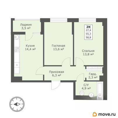 2-комн. квартира, 58.5 м&sup2;