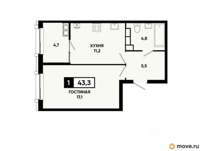 1-комн. квартира, 43.3 м&sup2;