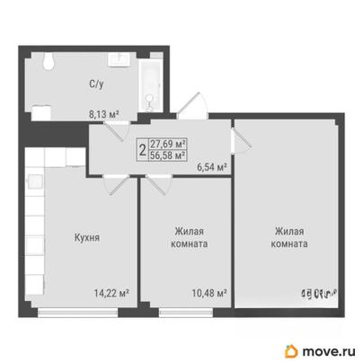 2-комн. квартира, 56.58 м&sup2;