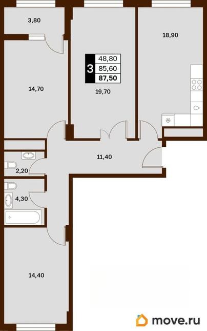 3-комн. квартира, 87.5 м&sup2;