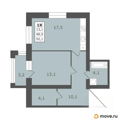 1-комн. квартира, 52.1 м&sup2;