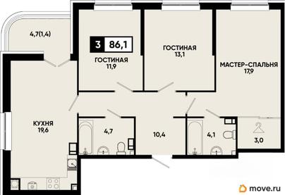 3-комн. квартира, 86.1 м&sup2;