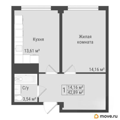 1-комн. квартира, 42.89 м&sup2;