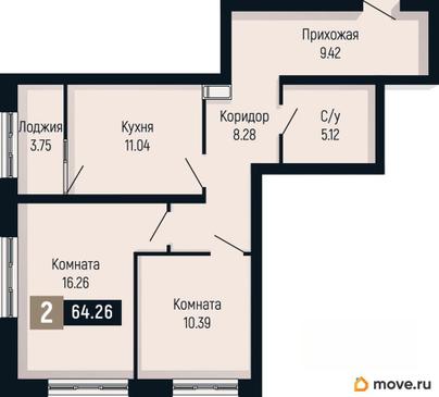 2-комн. квартира, 64.26 м&sup2;