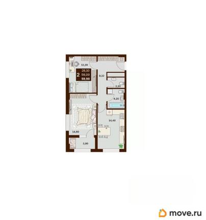 2-комн. квартира, 59.9 м&sup2;