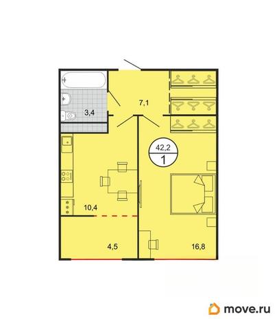 1-комн. квартира, 42.2 м&sup2;