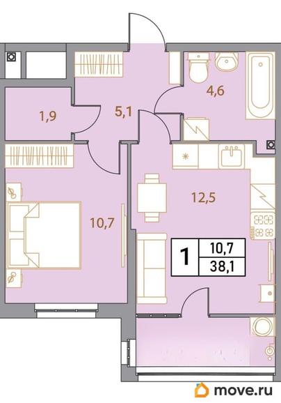 1-комн. квартира, 38.1 м&sup2;