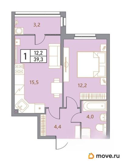 2-комн. квартира, 39.3 м&sup2;