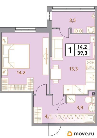 2-комн. квартира, 39.3 м&sup2;