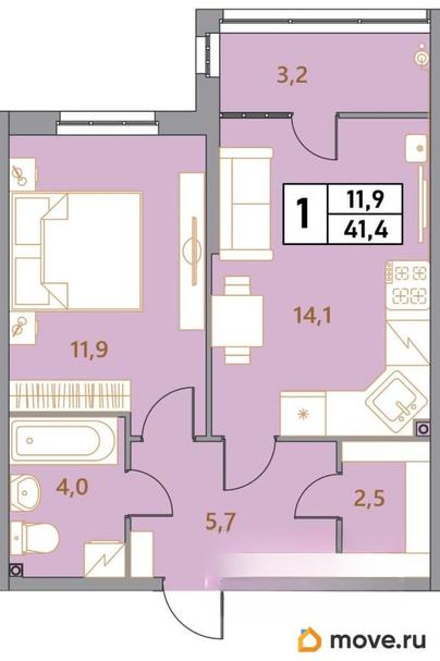 2-комн. квартира, 41.4 м&sup2;