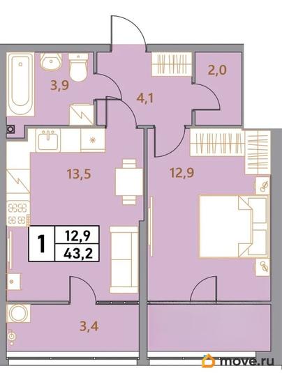 2-комн. квартира, 43.2 м&sup2;