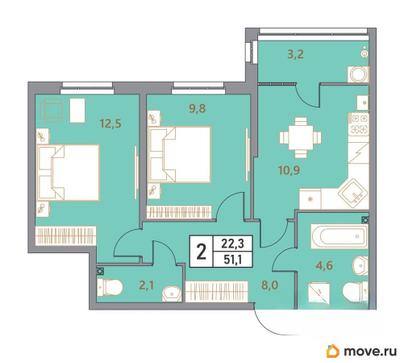 2-комн. квартира, 51.1 м&sup2;
