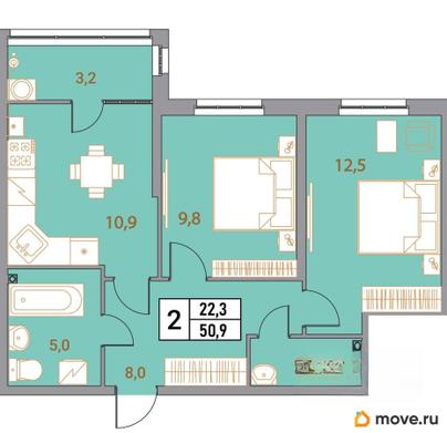 2-комн. квартира, 50.9 м&sup2;