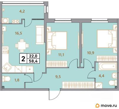 3-комн. квартира, 58.4 м&sup2;