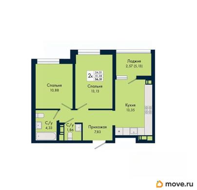 2-комн. квартира, 56.51 м&sup2;