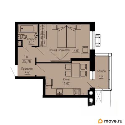 1-комн. квартира, 35.76 м&sup2;
