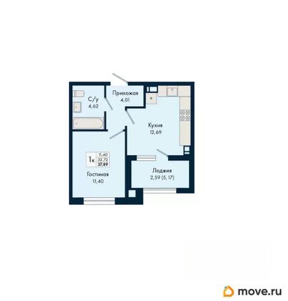 1-комн. квартира, 37.89 м&sup2;