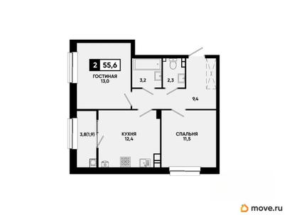 2-комн. квартира, 55.6 м&sup2;