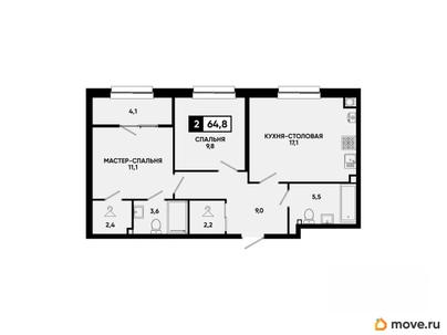 2-комн. квартира, 64.8 м&sup2;