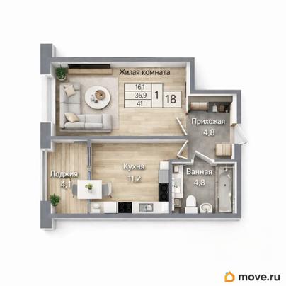 1-комн. квартира, 41 м&sup2;