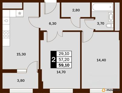 2-комн. квартира, 59.1 м&sup2;