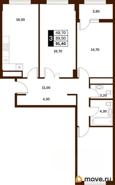 3-комн. квартира, 91.4 м&sup2;