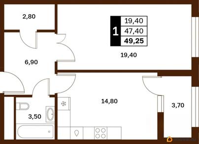 1-комн. квартира, 49.25 м&sup2;