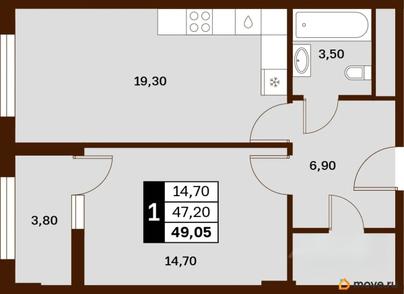 1-комн. квартира, 49.05 м&sup2;