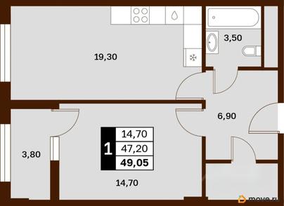 1-комн. квартира, 49.05 м&sup2;