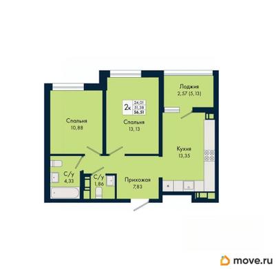 2-комн. квартира, 56.51 м&sup2;