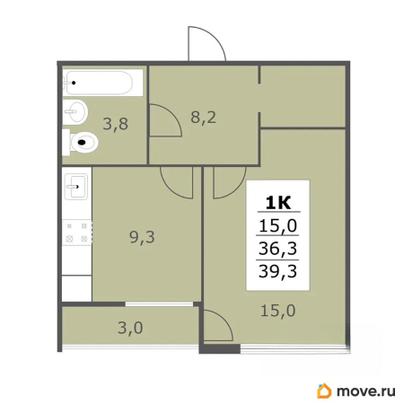1-комн. квартира, 39.3 м&sup2;