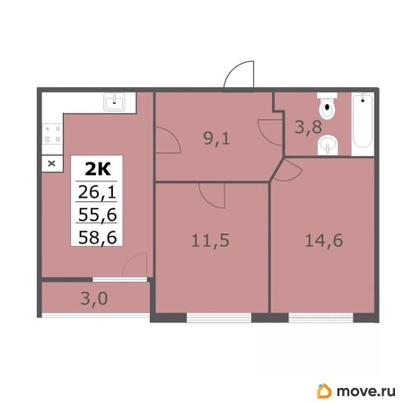 2-комн. квартира, 58.6 м&sup2;