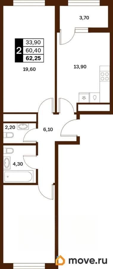 2-комн. квартира, 62.25 м&sup2;