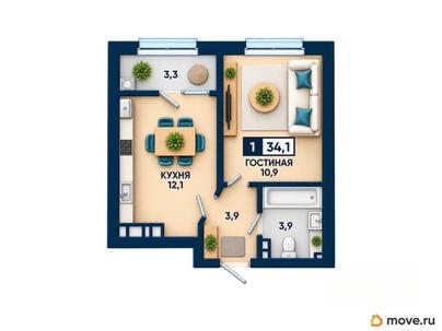1-комн. квартира, 34.1 м&sup2;
