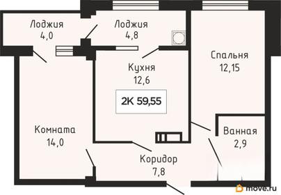 2-комн. квартира, 59.55 м&sup2;