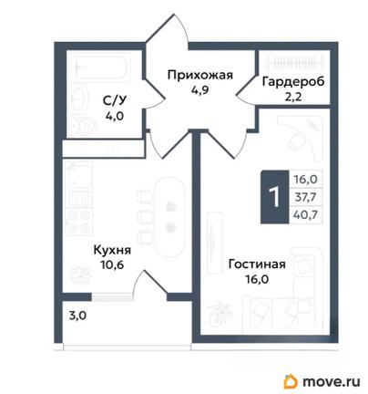 1-комн. квартира, 40.7 м&sup2;
