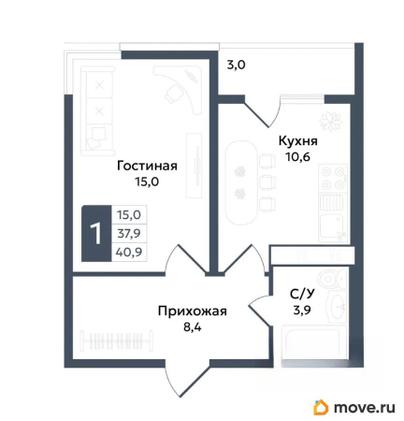 1-комн. квартира, 40.9 м&sup2;