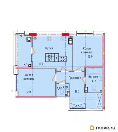2-комн. квартира, 60.5 м&sup2;