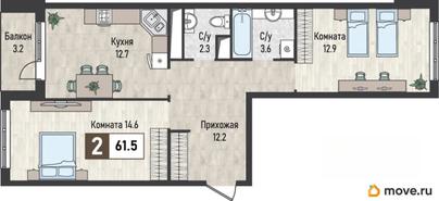 2-комн. квартира, 61.5 м&sup2;