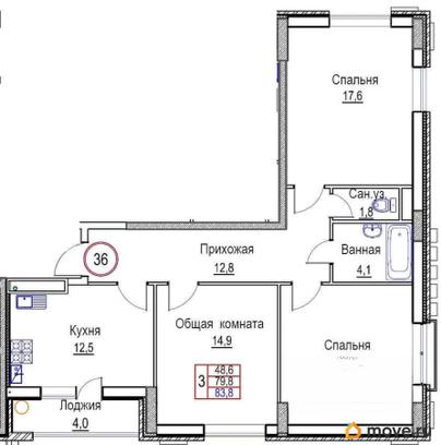 3-комн. квартира, 83.8 м&sup2;