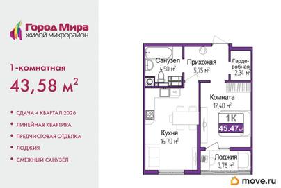 1-комн. квартира, 43.58 м&sup2;
