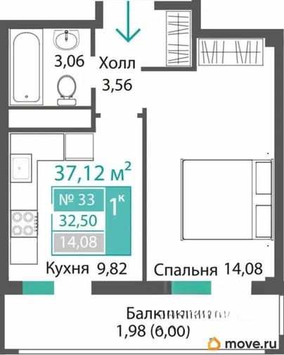 1-комн. квартира, 32.5 м&sup2;