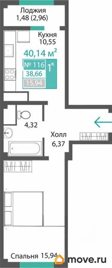 1-комн. квартира, 38.66 м&sup2;