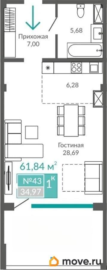 1-комн. апартаменты, 61.84 м&sup2;