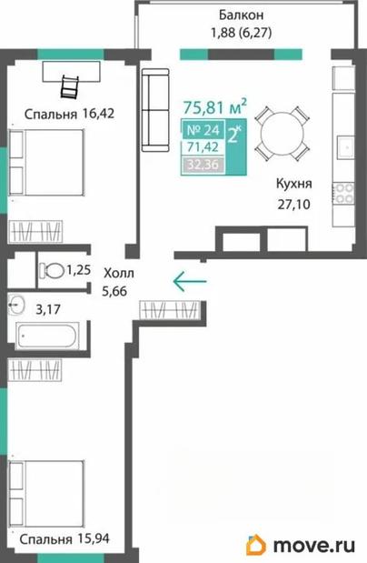 2-комн. квартира, 71.42 м&sup2;