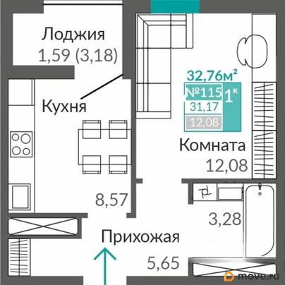 1-комн. квартира, 31.17 м&sup2;